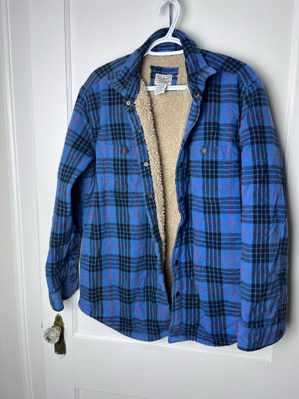 LL Bean Sherpa Lined Slightly Fitted Blue Plaid Shacket Shirt Long Sleeve Medium